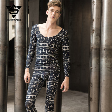 Men's Low Collar Underwear Set Cotton Big Round neck Fashion Personality Printing Homme Thin Bottoming Shirt Slim Warm Leggings