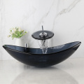 Torayvino Bathroom Glass Tempered Oval Vanity Basin Sink Set Waterfall Spout Deck Mounted Faucet Mixer Tap With Pop-up Drain Kit
