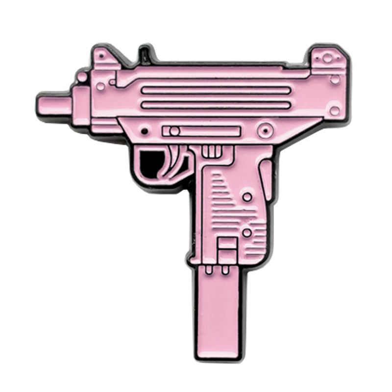 Pink UZI enamel pin Israeli gun brooch vintage hat badge cute jacket backpack accessories