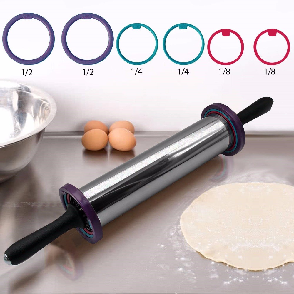 Realand Sturdy Stainless Steel Rolling Pin Non Stick Dough Roller with Adjustable Thickness Rings for Pizza Pastry Baking