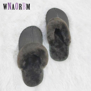 Winter fashion men's home slippers 100% sheep shearing fur warm shoes ladies slip flat shoes men's fur slippers 36-44