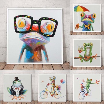 Happy Frog with Glasses Wall Art Poster Cute Cartoon Animal Oil Painting Painted on Canvas Modern Living Room Home Decor Gift