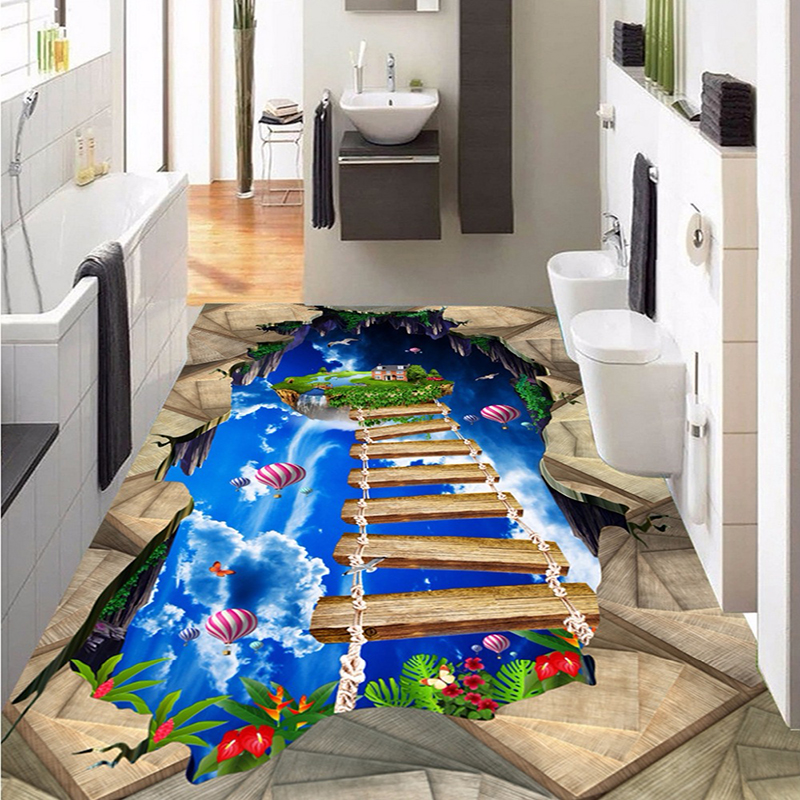 Custom Any Size PVC Photo Wallpaper 3D Blue Sky White Clouds Floor Mural Sticker Wooden Bridge Walkway 3D Floor Outdoor Painting