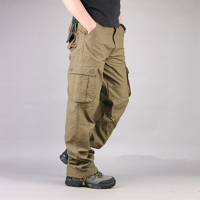 Thoshine Brand Men Casual Cargo Pants Straight 90% Cotton Many Pockets Outdoor Safari Style Trousers Loose Oversize Plus Size