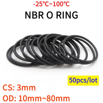 50pcs NBR O Ring Seal Gasket Thickness CS 3mm OD 10~80mm Nitrile Butadiene Rubber Spacer Oil Resistance Washer Round Shape Black