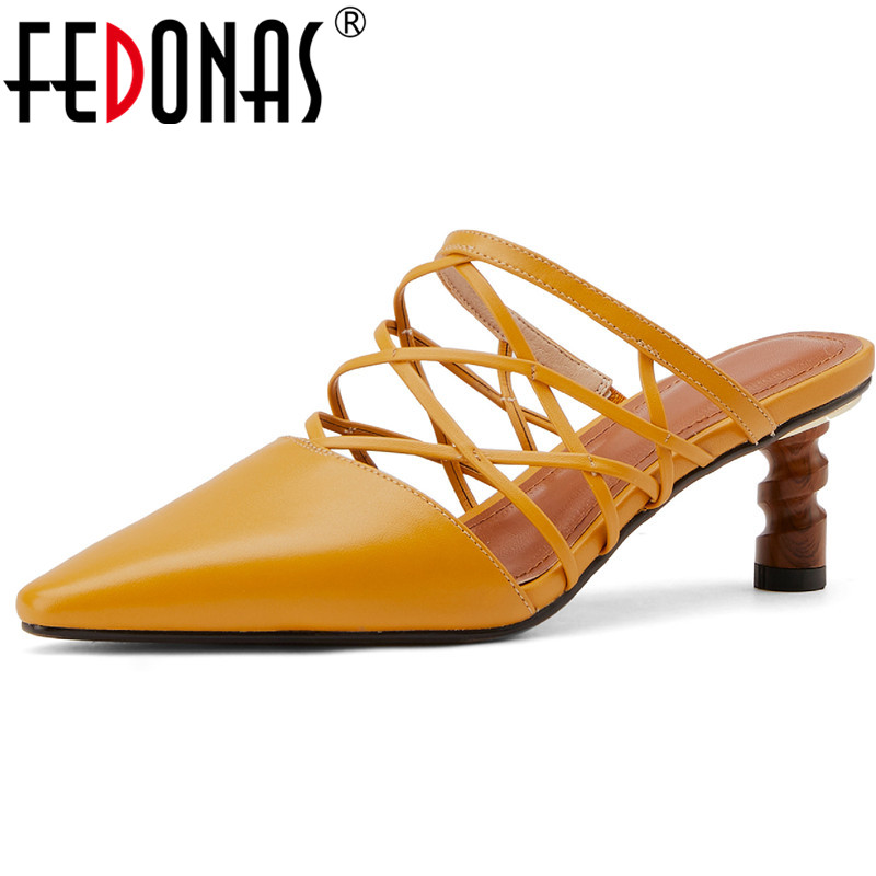 FEDONAS Fashion Lace Up Genuine Leather Women Mules 2020 Spring Summer Pointed Toe High Heels Sandals Vintage Party Shoes Woman