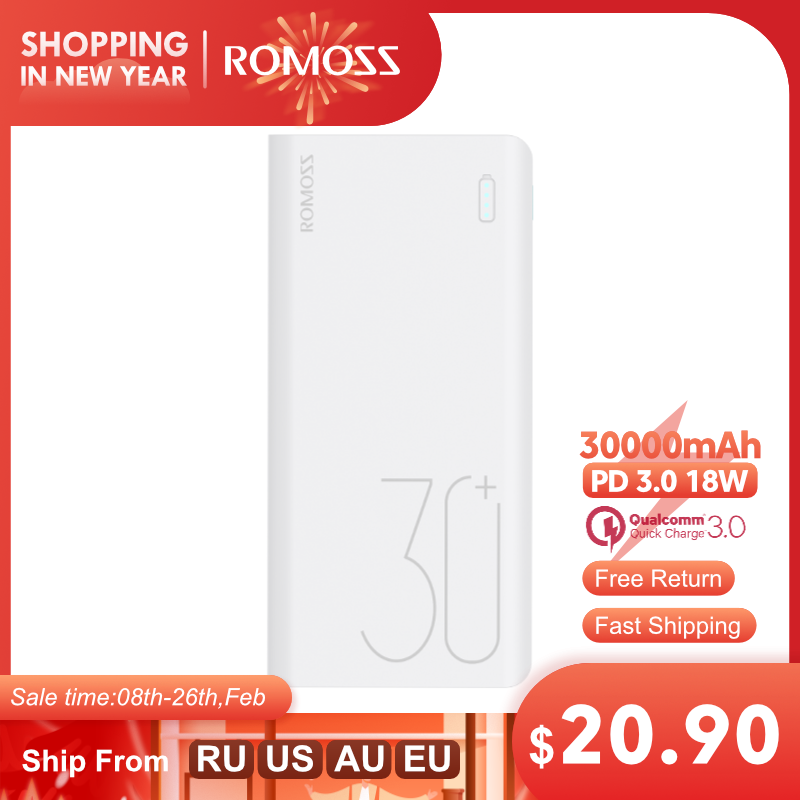 ROMOSS Sense 8+ 30000mAh Power Bank Portable External Battery With PD3.0 Fast Charging Portable Charger For Phones Tablet