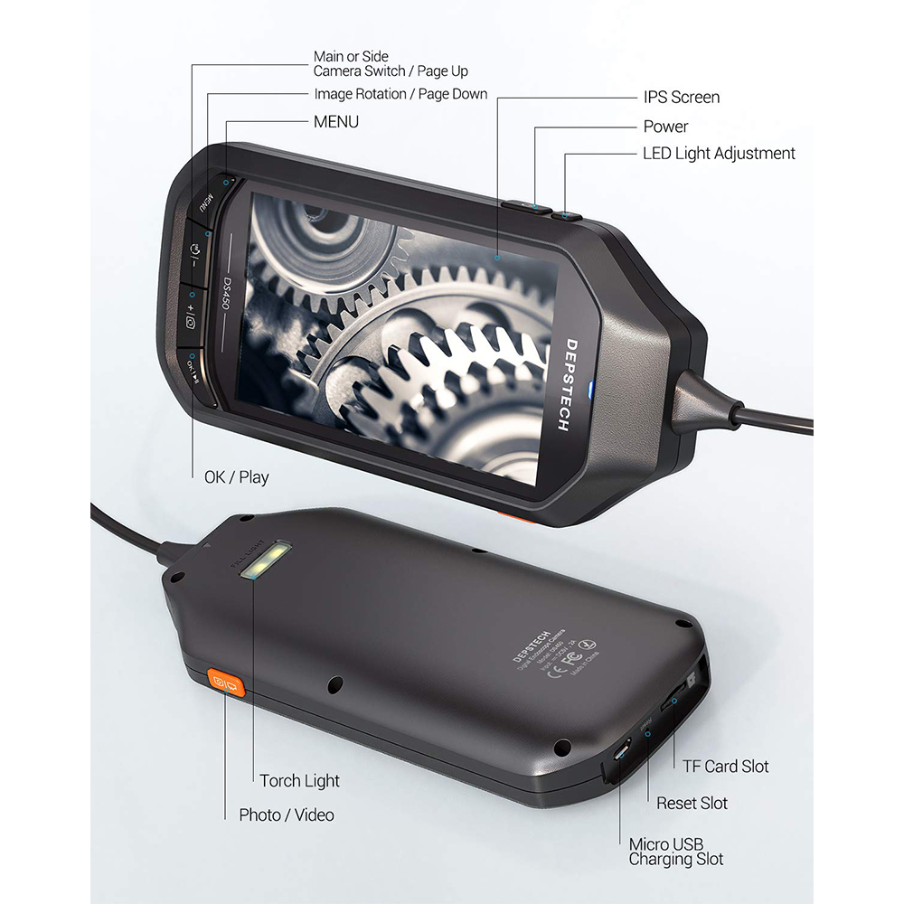 DEPSTECH DS450 4.5in IPS Screen Digital Endoscope 2.0MP 5.0MP Industrial Borescope Inspection Semi-Rigid Snake Camera 6 LEDs