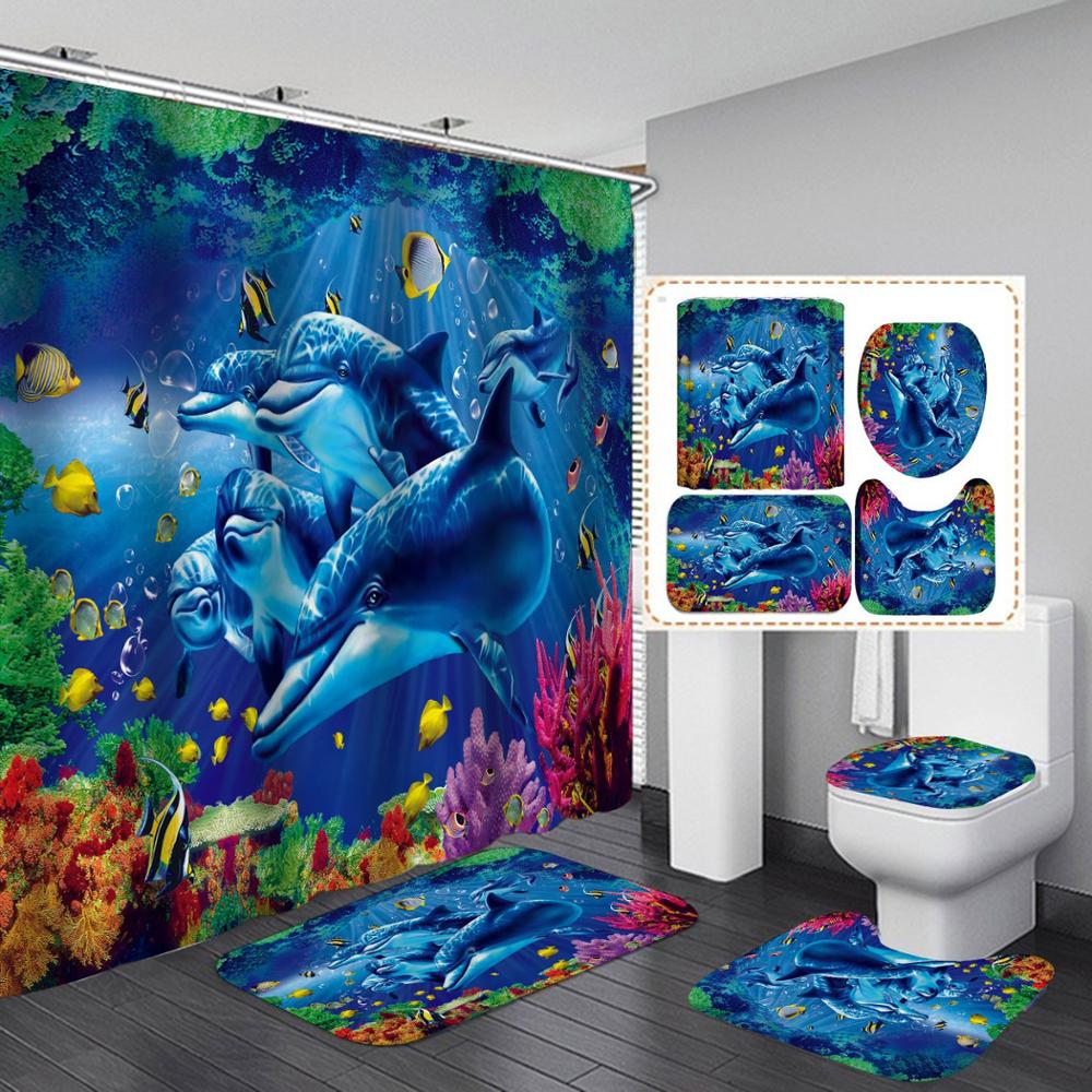 Coral Sea World Dolphin Shower Curtains Cartoon Waterproof Shower Curtain Bathroom Polyester
