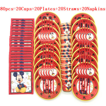 50Pcs/80pcs Hot Red Mickey Mouse Disposable Paper Cups Plates Flexible Straws Baby Shower Kid Birthday Napkin Decoration Supply