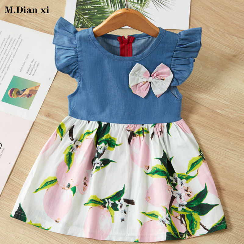 Girls' Dresses 2020 Summer New Children's Denim Floral Flying Sleeve Stitching Dress Cotton Lace Children's Princess Dress