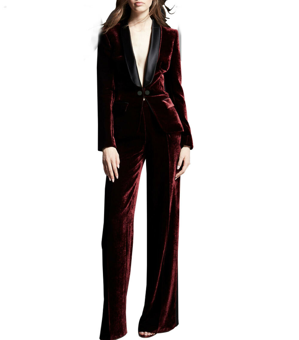 Burgundy Velvet Formal Suits 2 Pcs (Jacket+Pants)Women's Ladies Party Evening Prom Wedding Tuxedos
