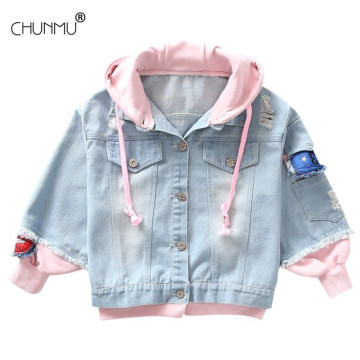 Girls Jackets 2021 Spring Fashion Sky Blue Denim Hooded Outerwear Autumn Button Patch Denim jacket Children Clothing