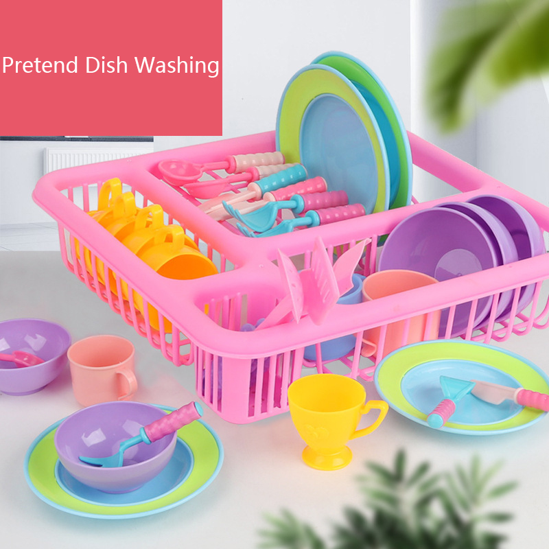 Children Pretend Simulation Play Kitchen Toy Plate and Kitchen Ware Washing Intelligence Training With Basket for Kids' Present