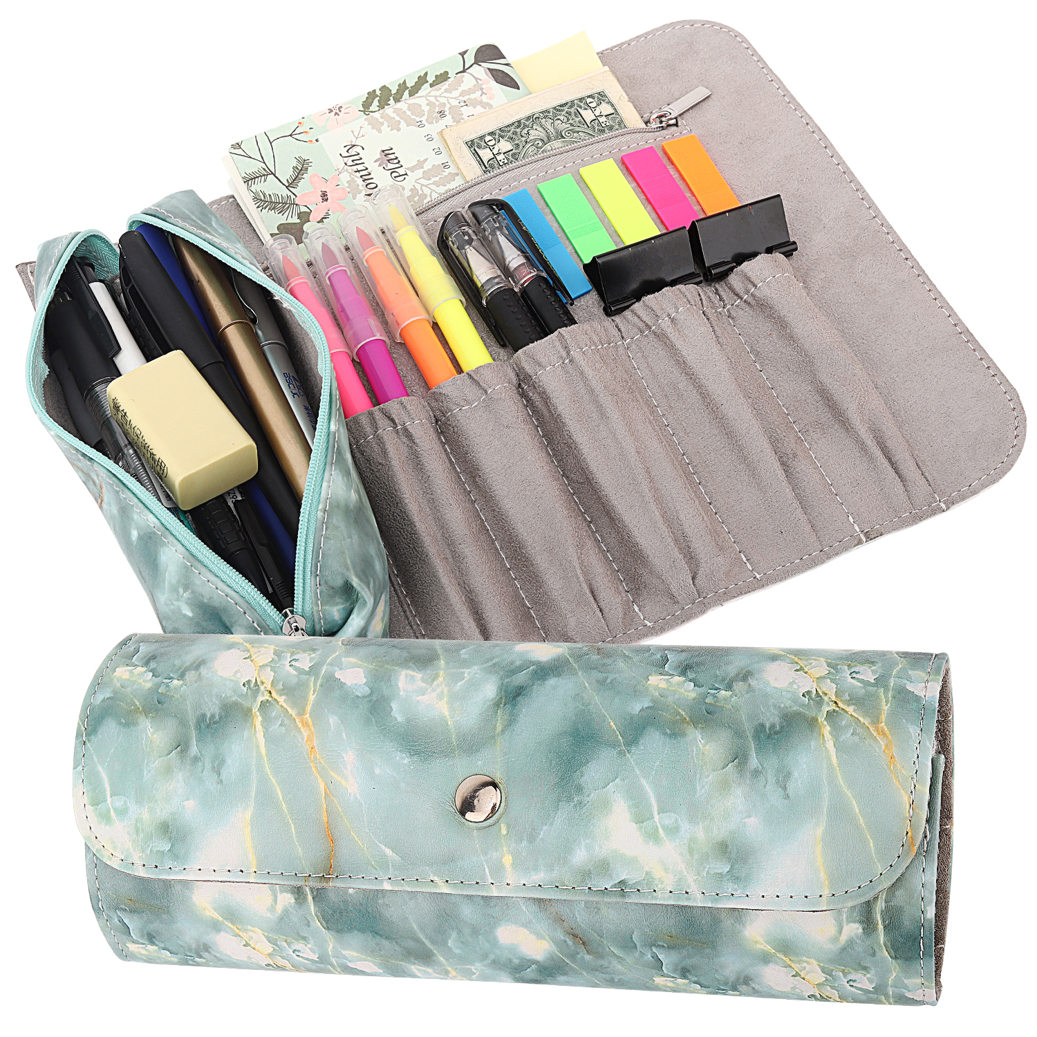 Pen Pencil Case, Roll Up Pencil and Makeup Pouch Bag Organizer with 1 Removable Pencil Pouch,5 Slots, 1 Zipper Pocket&Magnetic