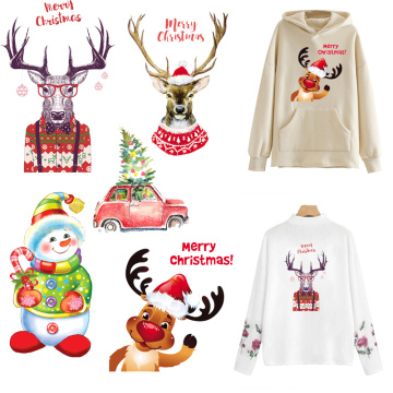 Merry Christmas Deer Transfer Printed Ironing Thermal Stickers To Clothes Cute Santa Claus Vinyl Heat Transfer Penguin Transfers