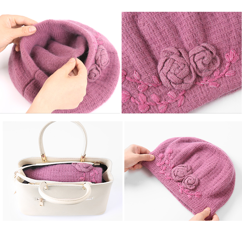 Angora Beret Women Winter Beanie Knit Warm Flower Double Layers Soft Thick Thermal Snow Skiing Outdoor Accessory For Female