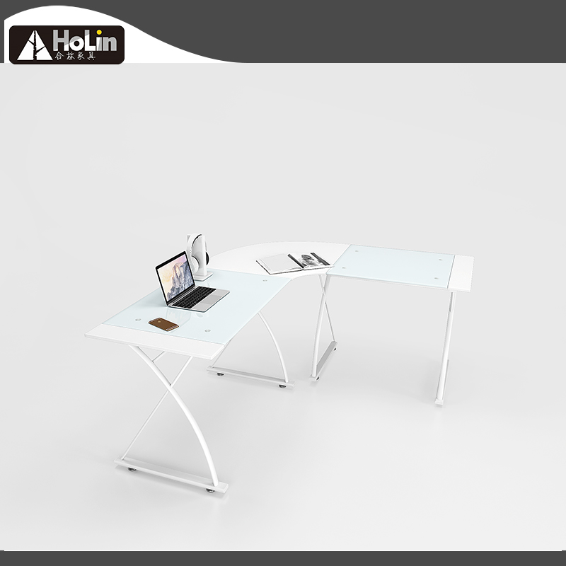 IKEA style white glass L shaped table