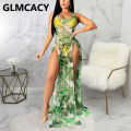 Women Tropical Printed Mesh Dress Sleeveless High Slit Maxi Dress