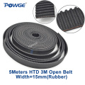 POWGE Arc HTD 3M open timing belt 3M-15mm width 15mm length 5000mm Rubber Fiberglass HTD3M open Timing belt pulley CNC 5Meters