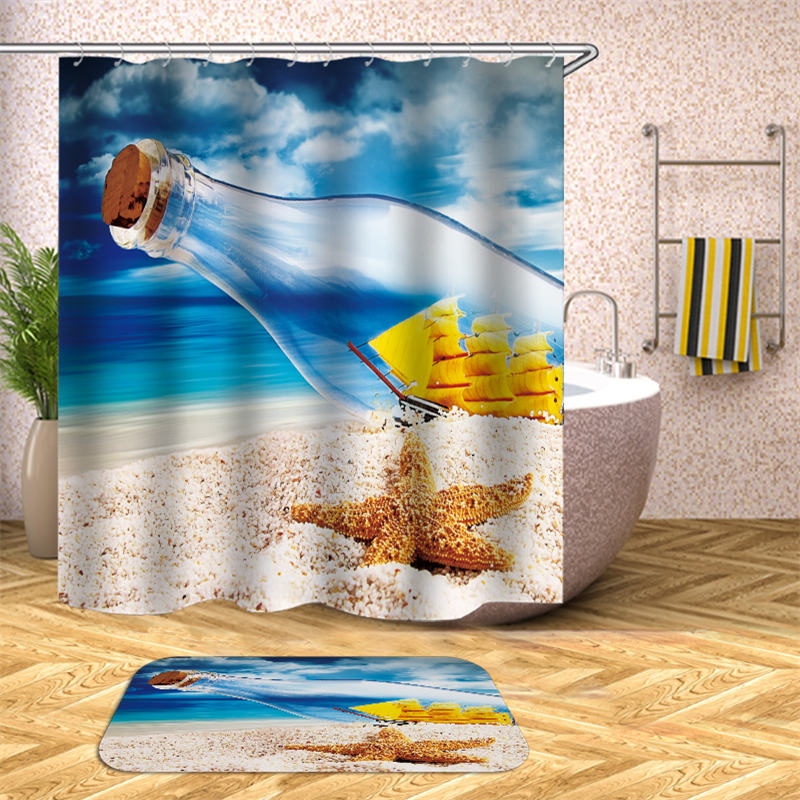 Seaside Ocean Scenic Sea Star Shower Curtains set with Rod Frabic Waterproof shower curtain in Polyester Bath for Bathroom
