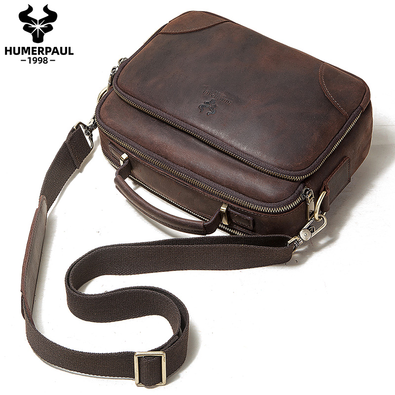 Vintage Crazy Horse Leather Men's Shoulder Bag Zipper Male Messenger Bag Capacity Bolsos Crossbody Bags For Ipad Bag Travel