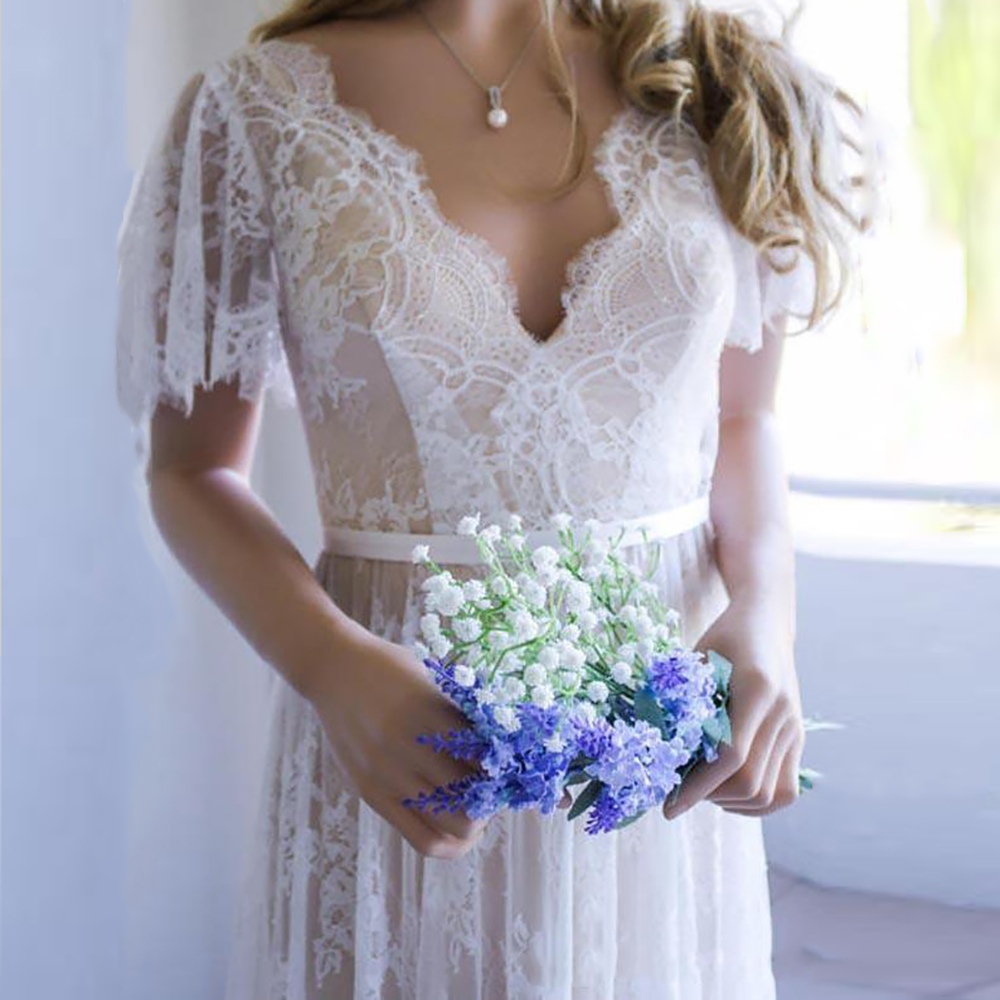 vestido de casamento Champagne Informal Bridal Dress 2019 V Neck Lace Wedding Dresses Romantic Vestido de noiva Wedding gown