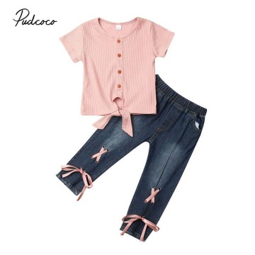 2019 Baby Summer Clothing Toddler Kid Baby Girl Clothes Ribbed Shirt Top Bandage Denim Pants Jeans Leggings Outfit 2PCS Set 1-5T