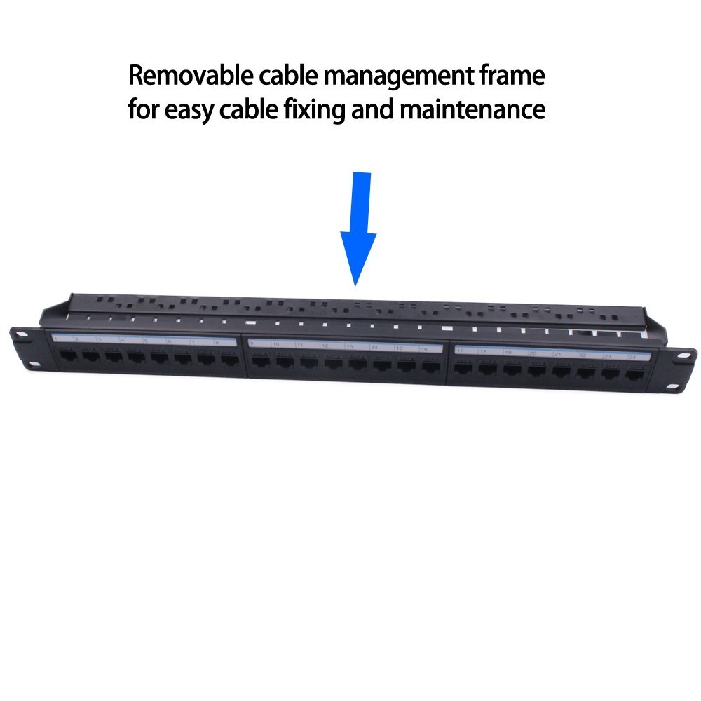 New 19in 1U Rack 24 Port Straight-through CAT6A Patch Panel RJ45 Network Cable Adapter Keystone Jack Ethernet Distribution Frame