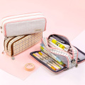 Multifunction Zipper Pencil Case Grid Canvas Pen Case Pencil Bag Girl Gift Washable School Supplies Student Korean Stationery