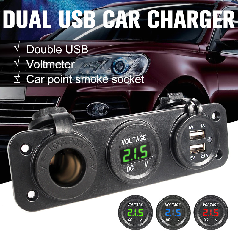 2018 Car Charger Motorcycle Plug Dual USB Adaptor+12V/24V Cigarette Lighter Socket Blue LED +Digital Voltmeter Mobile Phone
