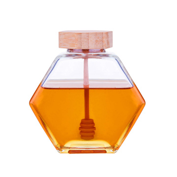 X60 Honey Pot 220ml/8oz Volume 12oz Honey Weight Hexagonal Glass Honey Jar with Wooden Dipper Cork Lid Cover for Home Kitchen