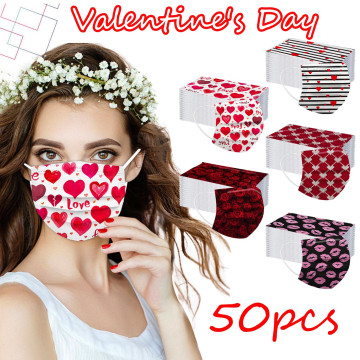 Headband 50PCS Valentine Adults Disposable Face Masks Unisex Adults Valentine's Day Printed 3-Layer Masks Mascarillas Máscara