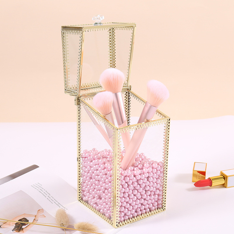 Glass Makeup Brush Box Geometric Holder Jewelry Box Pencil Bucket Makeup Organizer Desktop Cosmetic Storage Box Pearl Barrel