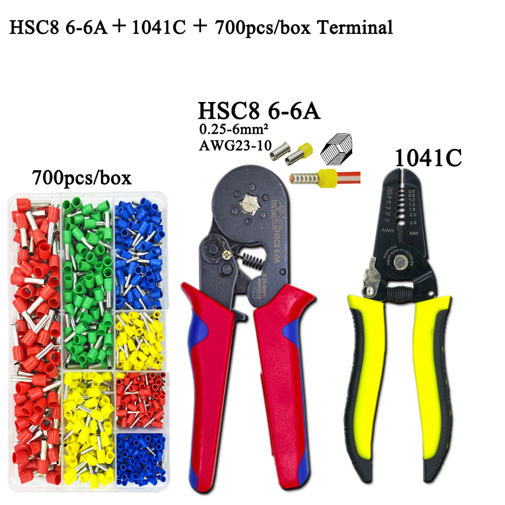 HSC8 Pliers Kit D2 Wire Cutting Pliers Tube Type Terminal Box Electrical Clamp Terminal Tube Tool Red Pliers 6-6A 0.25-6mm2 Mini