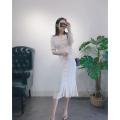 French long slim slim fringed knit short sleeve dress ladies spring and summer 2020 new Joker split tail V-neck dress