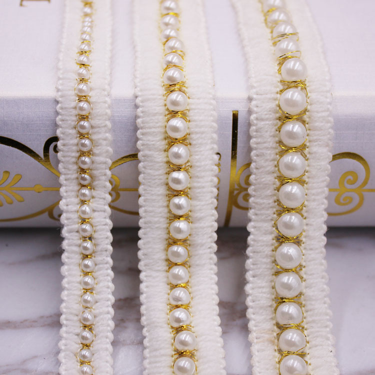 1yards/Lot White Cotton Pearl Beaded Embroidered Fabric Lace Ribbon Lace Fabric Trim Handmade Sewing Supplies Craft Decoration