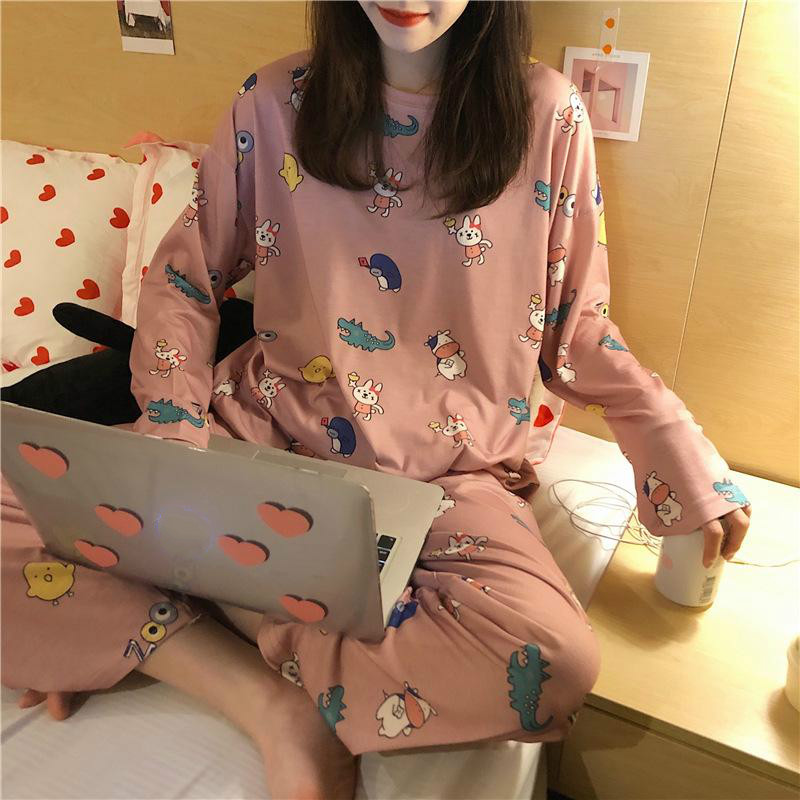 2020 New Autumn Winter 2pieces Pyjamas Set Women Girls Cotton Round Neck Pajamas Sets Teacup Cat Sleepwear Clothes Free