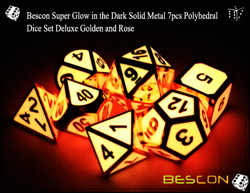 Bescon Super Glow in the Dark Solid Metal 7pcs Polyhedral Dice Set Deluxe Golden and Rose-4