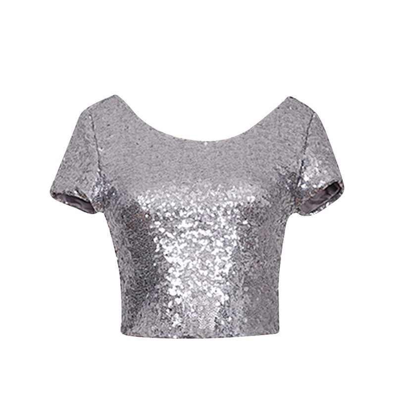 Newest Sexy Backless Crop Top Fashion Spring Summer Women O-neck Short Sleeve Sequin Short T shirt Female Slim Tops