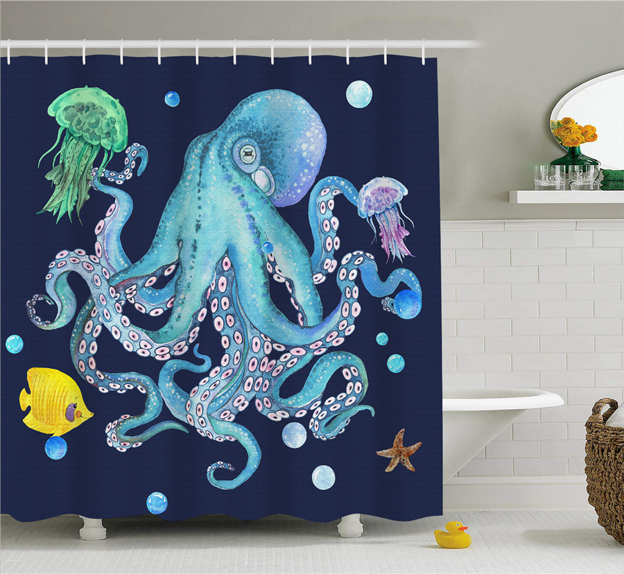 Cute Octopus with Tentacles 3D Printed Waterproof Screen Polyester Fabric Sea Animal Washable Shower Curtain Dorm for Home Decor