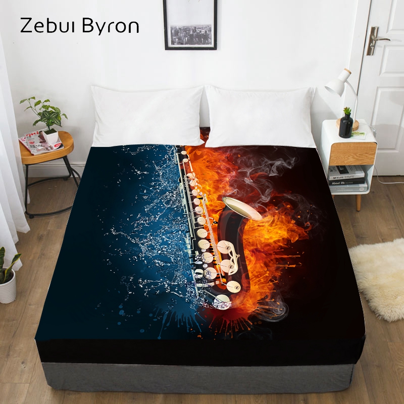 3D HD Digital Print Custom Bed Sheet With Elastic,Fitted Sheet Twin/Queen/King,Black Saxophone Mattress Cover 150/180/160x200