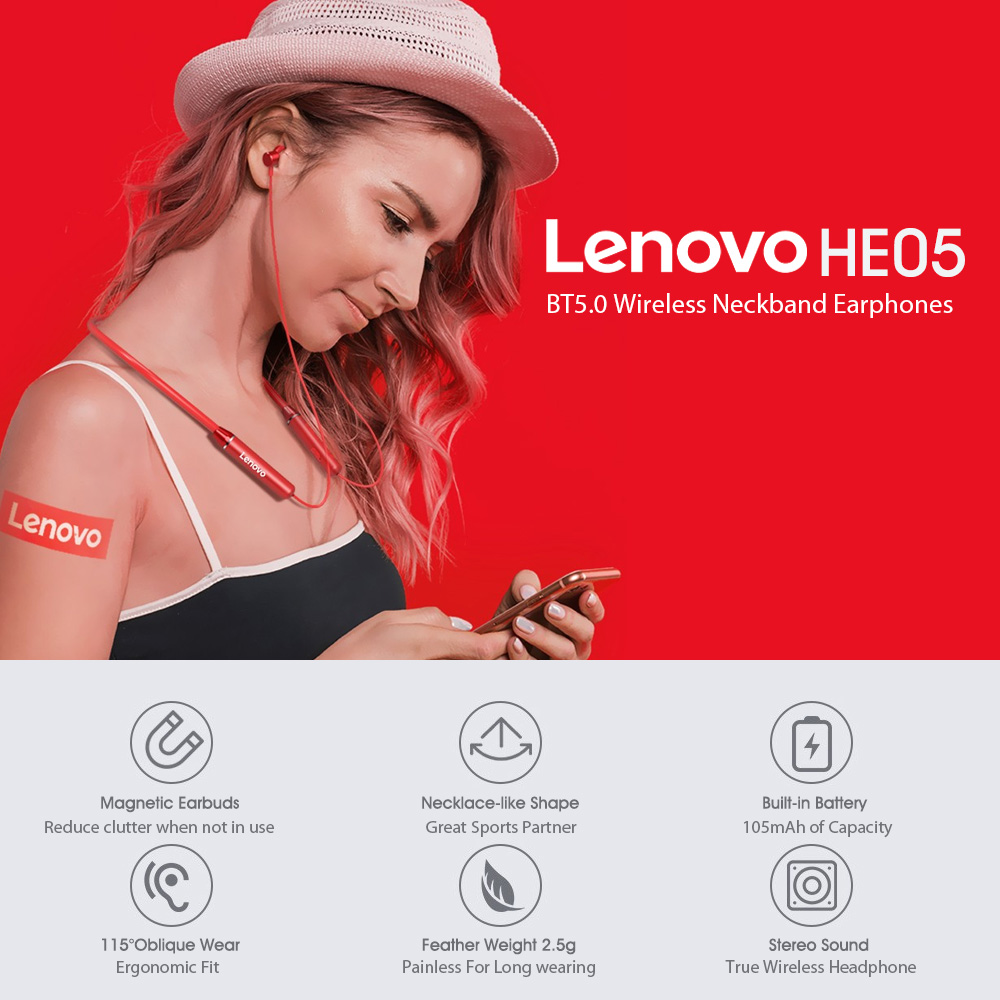 Lenovo Earphone Bluetooth5.0 Wireless Headset Magnetic Neckband Earphones IPX5 Waterproof Sport Earbud with Noise Cancelling Mic