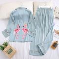 QWEEK Silk Women Pajamas Sleepwear Pijamas Ladies Pyjamas Satin Sleep Lounge Home Clothes Nightwear Flamingo Print Homewear