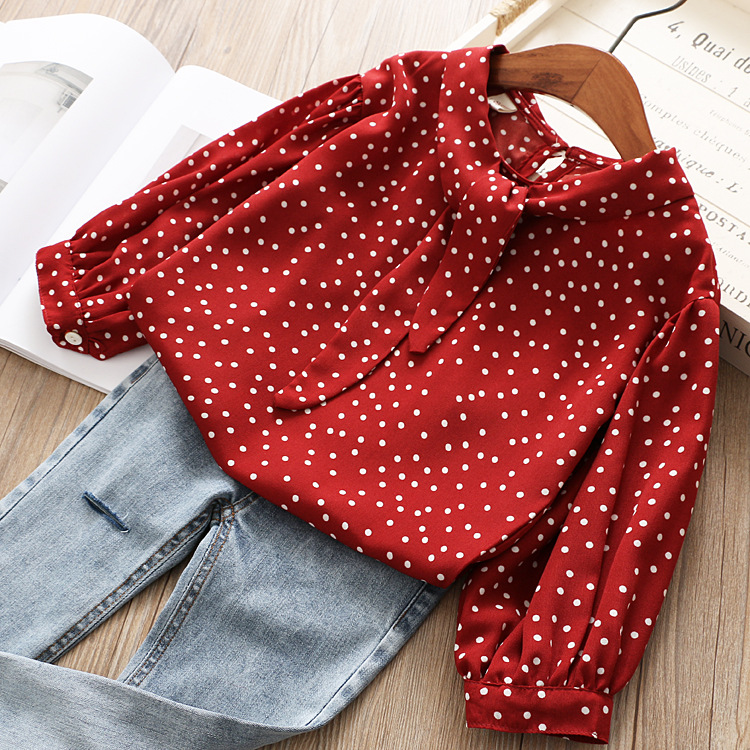 Girls Blouse Shirt Chiffon Dot Long Sleeve Spring Fall Shirts for Toddler Girl's Tops Outfits Children Clothing 3-7years