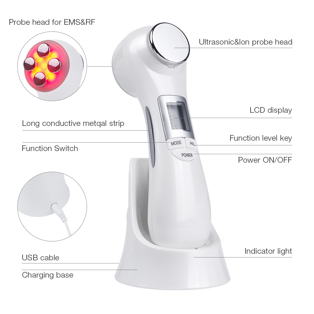 6 in 1 RF Radio Frequency EMS Photon LED Light Therapy Facial Lifting Rejuvenation Microcurrent Vibration Massager Beauty Device