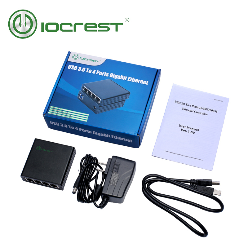 IOCREST USB3.0 to 4 Ports 10/100/1000M Gigabit Ethernet Adapter 10/100/1000 USB Gigabit Lan Network NIC Adapter