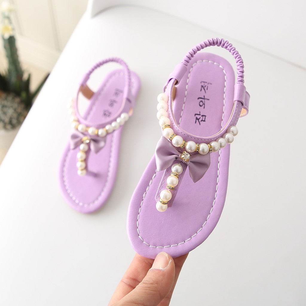 2020 Children Summer Beach Sandals Baby Girls Kawaii Crystal Pearls Flats Sandals Kids FlipFlops Baby Slides Mules Beach-Slipper