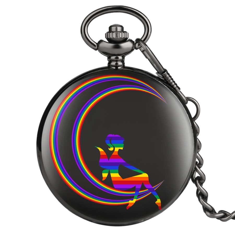 Rainbow Star Moon Angel Pattern Display Men Women Black Case Quartz Steampunk Gift Item cep saati Pocket Watch Chain Watches