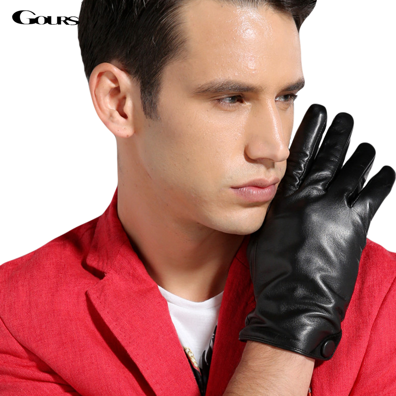 Gours Gloves Winter New Men Genuine Leather Gloves Goatskin Mittens Buttons Black Plus Velvet Warm Fashion Driving GSM007